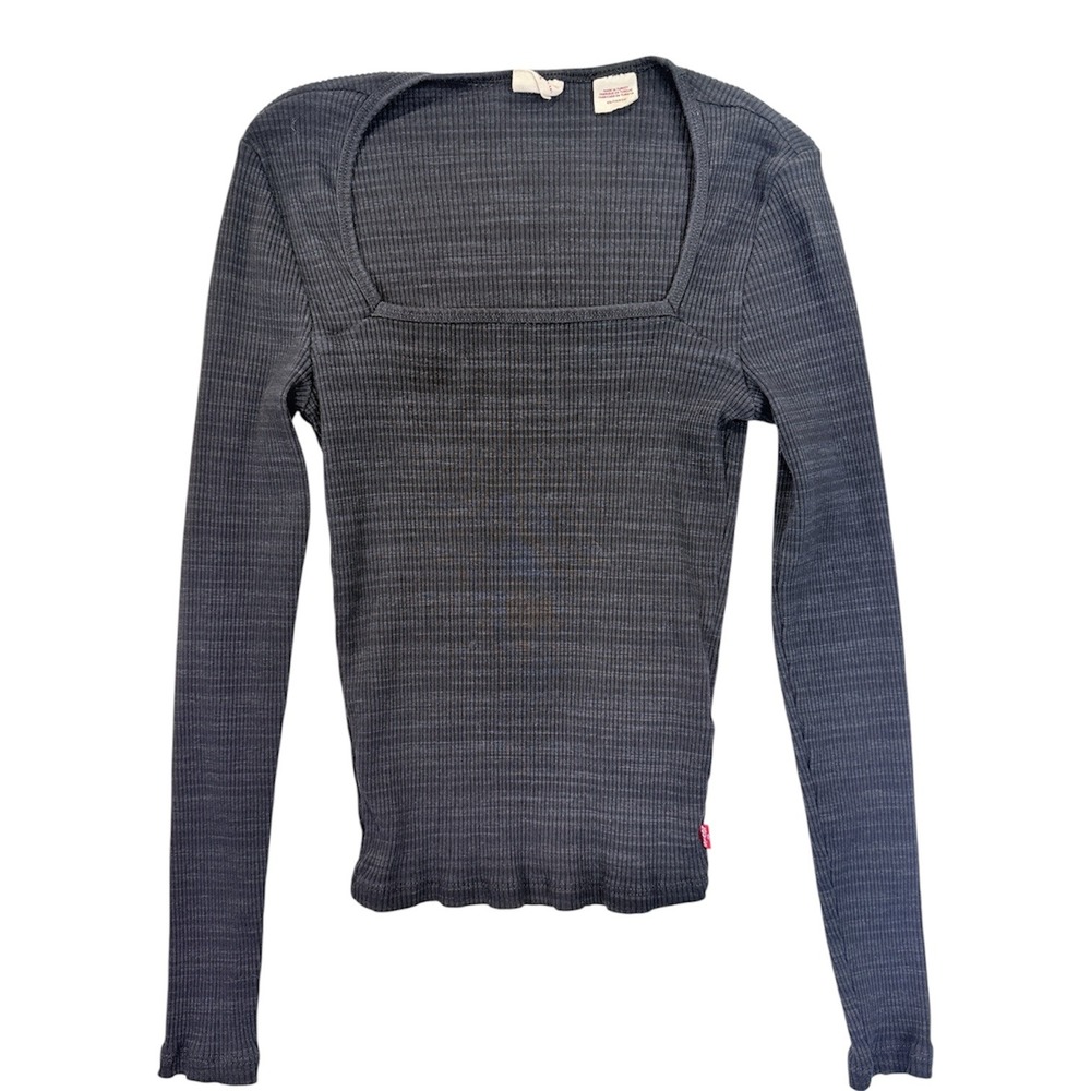 Levi Ribbed Square Neck Top Women XS Black Long Sleeve A4757-0000